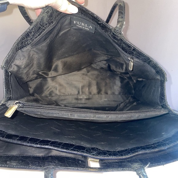FURLA Vintage Black Tote Shoulder Bag Purse Crocodile Embossed Structured Square - Picture 7 of 13